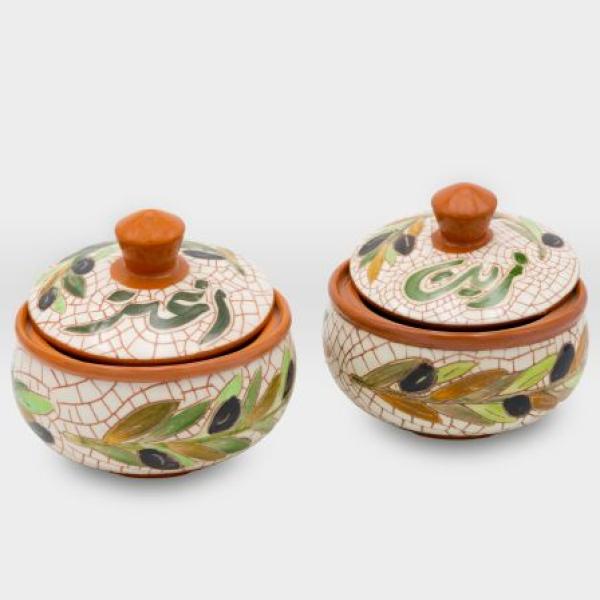 صحن زيت وزعتر مشغولات خزفية غصن زيتون