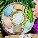 طقم فناجين شاي سيراميك ملون بزخارف طولية وحواف ذهبية