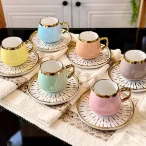 طقم فناجين قهوة سيراميك بألوان الباستيل والحواف الذهبية