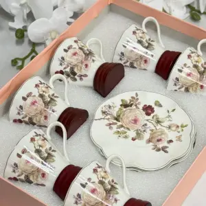 طقم فناجين شاي سيراميك بنقشة الزهور