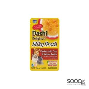 مكافئة للقطط DASHI DELIGHTS SILKY BROTH CHICKEN WITH TUNA & SALMON RECIPE INABA