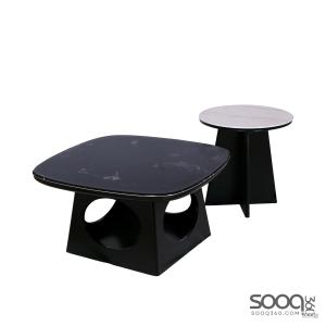 طقم طاولة وسط قطعتين رخام صناعي رمادي 80x80 + 50x50 قاعدة معدنيه معالجه بصبغ حراري مع رف سفلي