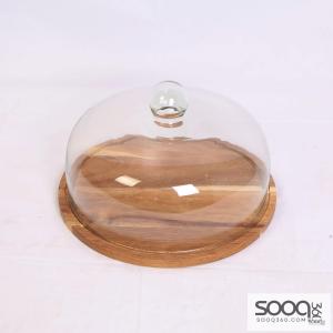 طبق للحلويات خشب بامبو 30سم مع غطاء زجاج خشبي غامق