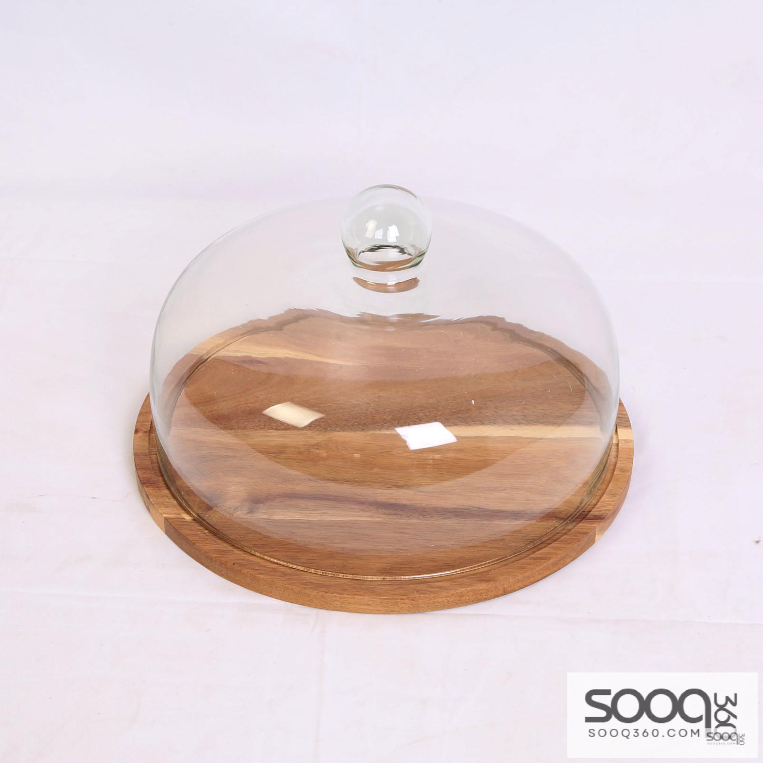 طبق للحلويات خشب بامبو 30سم مع غطاء زجاج خشبي غامق