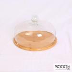 طبق للحلويات خشب بامبو 30سم مع غطاء زجاج خشبي فاتح