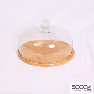 طبق للحلويات خشب بامبو 30سم مع غطاء زجاج خشبي فاتح
