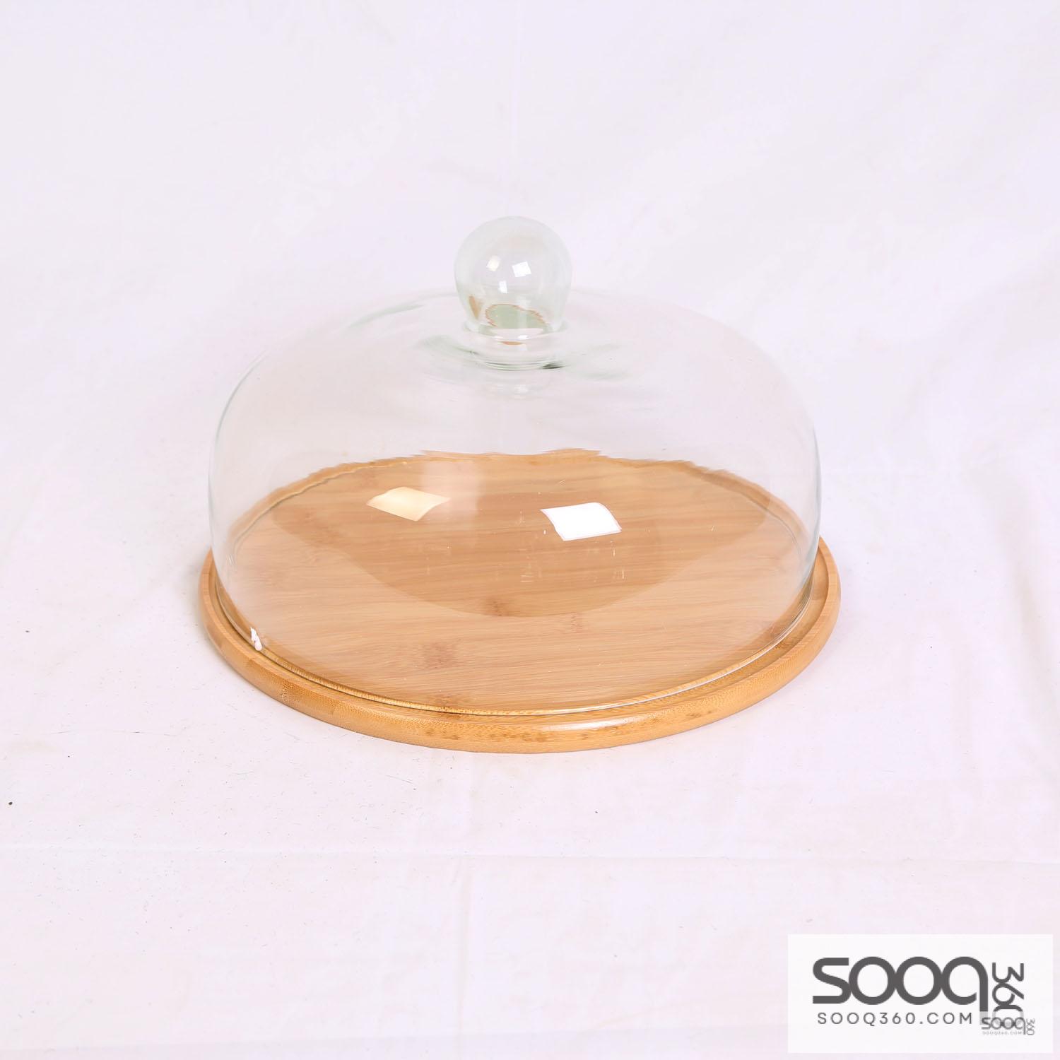 طبق للحلويات خشب بامبو 30سم مع غطاء زجاج خشبي فاتح