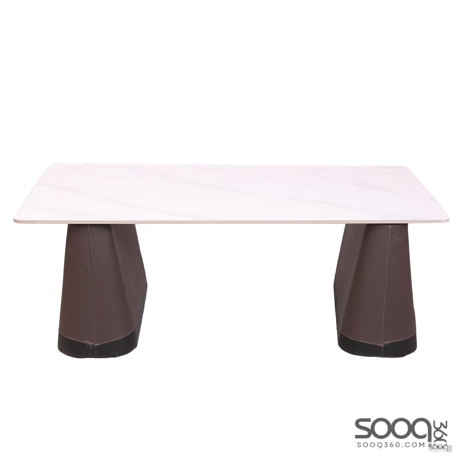 طاولة وسط رخام صناعي لون ابيض 120x60سم قاعدة جلد مطرز بني