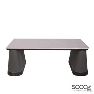 طاولة وسط رخام صناعي لون رمادي 120x60سم قاعدة جلد مطرز بني