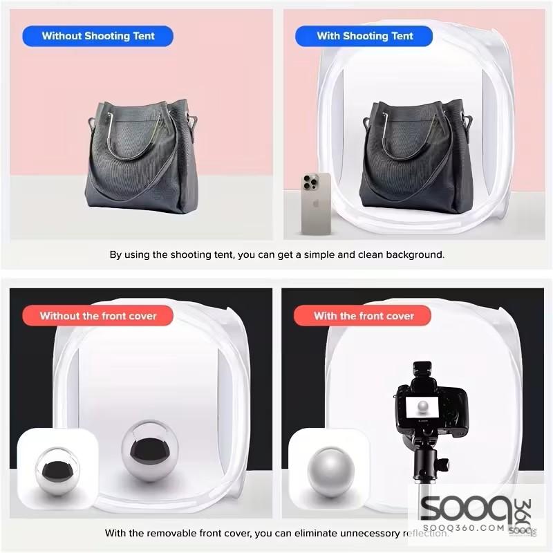 خيمة التصوير الفوتوغرافي مع 4 خلفيات ملونة (أحمر/أزرق داكن/أسود/أبيض) - غطاء قماش متين للتصوير الداخلي/الخارجي، تصوير المنتجات على الطاولة