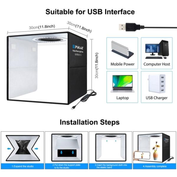 PULUZ 40CM قابلة للطي العليا 97 CRI حلقة الضوء صور إضاءة الاستوديو رماية خيمة كيت صندوق مع 6 ألوان الخلفيات (أسود، أبيض، برتقالي، أحمر، أخضر، أزرق)، تتكشف الحجم: 40cm س 40cm س 40cm (أسود)