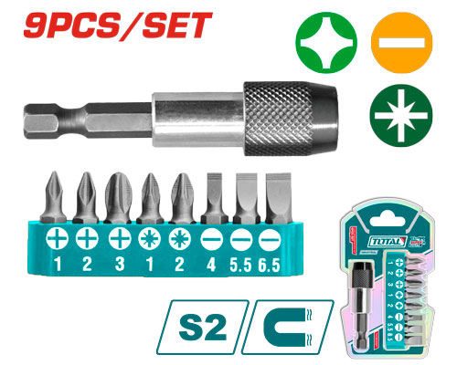 TOTAL TACSD3091 9 Pcs Screwdriver Bits Set ادابتر كبس + راسيات 9 قطع