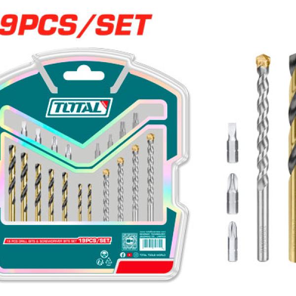 TOTAL TACSDB1901 19Pcs Drill BIts And Screwdriver Bits Set طقم ريش حديد + حجر + راسيات