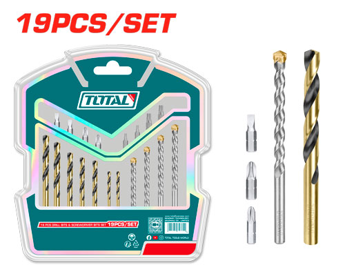 TOTAL TACSDB1901 19Pcs Drill BIts And Screwdriver Bits Set طقم ريش حديد + حجر + راسيات