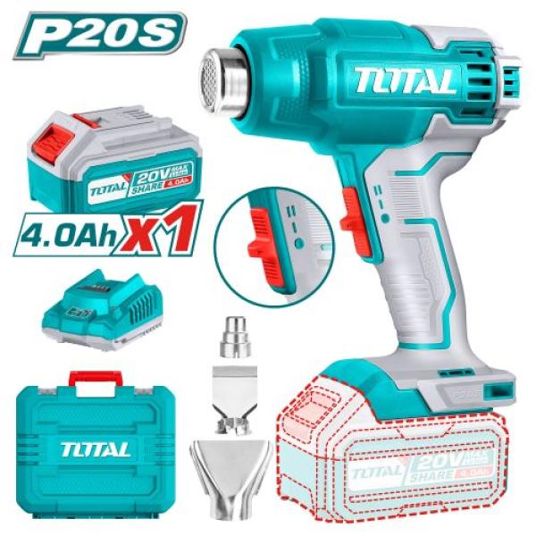 Total TBLI20025 سشوار صناعي 20 فولت مع بطارية 4 أمبير وشاحن شنطه بلاستيك + راسيات Temperature:300/550°C - Airflow:100/200 L/min