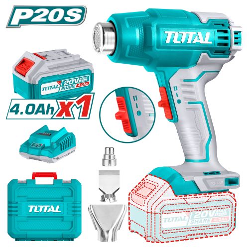 Total TBLI20025 سشوار صناعي 20 فولت مع بطارية 4 أمبير وشاحن شنطه بلاستيك + راسيات Temperature:300/550°C - Airflow:100/200 L/min