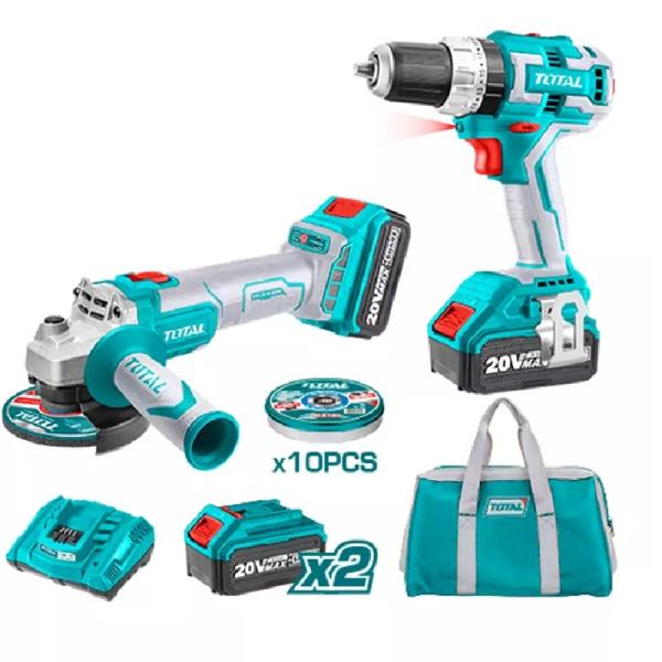 Total TCKLI6015 Lithium-ion cordless 2 pcs combo kit طقم درل + صاروخ شحن بدون فحمات 20 فولت مع 2 بطارية 4 امبير وشاحن