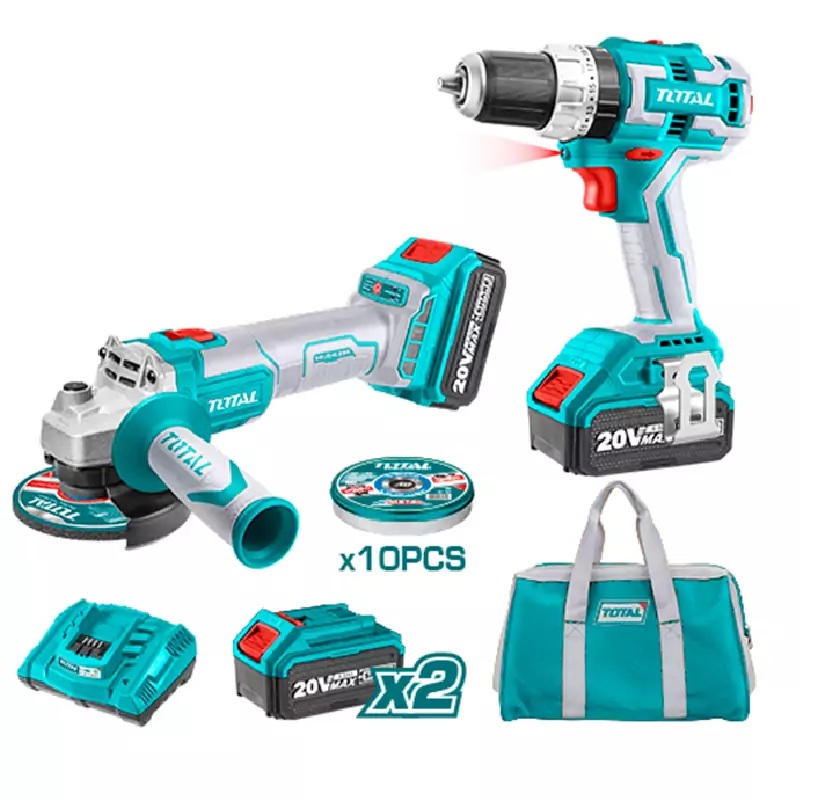 Total TCKLI6015 Lithium-ion cordless 2 pcs combo kit طقم درل + صاروخ شحن بدون فحمات 20 فولت مع 2 بطارية 4 امبير وشاحن