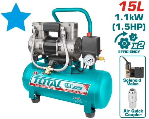 Total TCS1110152 كمبريسر هواء 15 لتر صامت 1.5 حصان ملف المنيوم بدون زيت