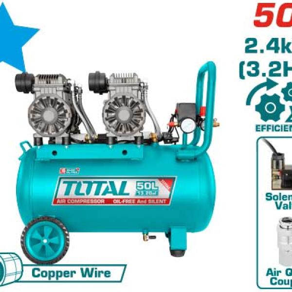 Total TCS2240508 AIR COMPRESSOR كمبريسر هواء 50 لتر راسين صامت 3.2 حصان ملف نحاس بدون زيت