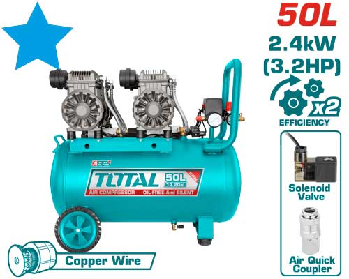Total TCS2240508 AIR COMPRESSOR كمبريسر هواء 50 لتر راسين صامت 3.2 حصان ملف نحاس بدون زيت
