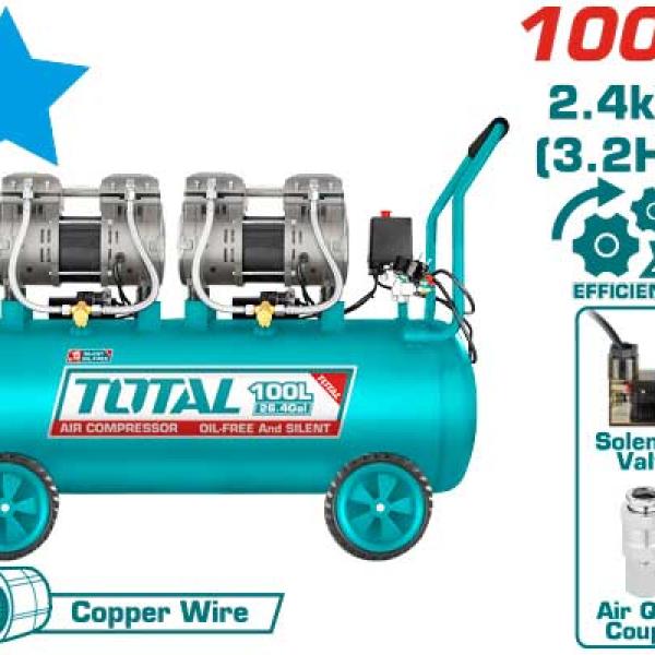 Total TCS2241008 AIR COMPRESSOR كمبريسر هواء 100 لتر راسين صامت 3.2 حصان بدون زيت