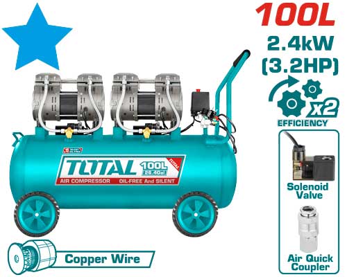 Total TCS2241008 AIR COMPRESSOR كمبريسر هواء 100 لتر راسين صامت 3.2 حصان بدون زيت
