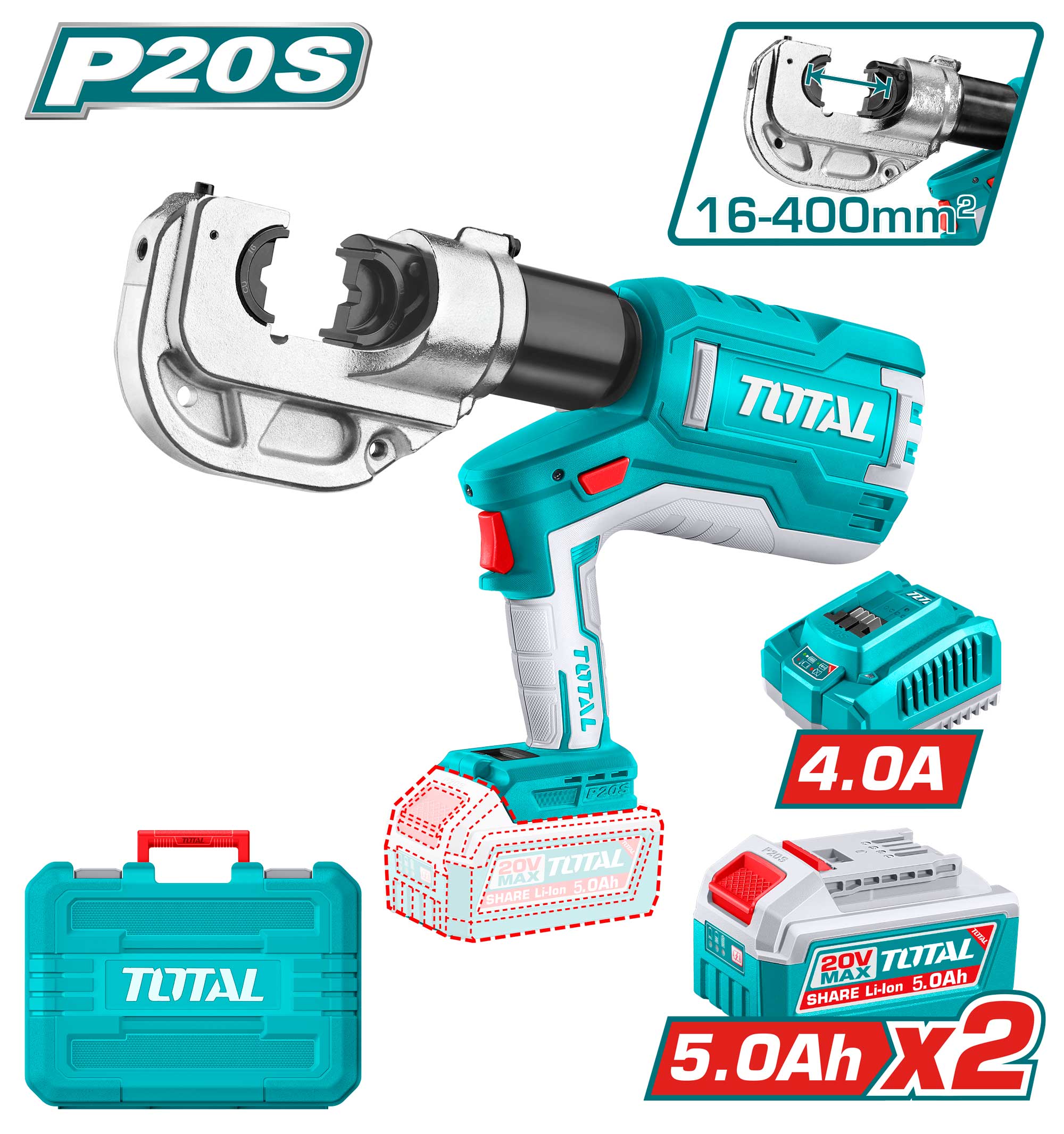 Total TCTLI2005 مكبس راسيات شحن 20 فولت مع بطارية 5 أمبير وشاحن 16-400 ملم
