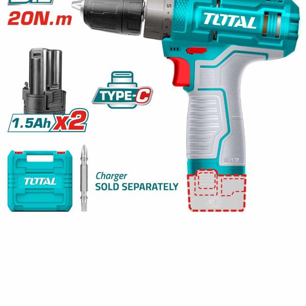 Total TDLI12202 وشنطه بلاستيكTYPE-C درل شحن 12 فولت مع 2 بطارية شحن 