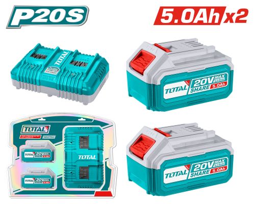 Total TFBCPK2425 طقم بطاريات 20 فولت 5 أمبير عدد 2 + شاحن مزدوج