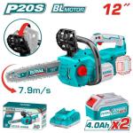 Total TGSLI201286 Lithium-ion chain saw منشار شجر شحن 12 انش بدون فحمات مع 2 بطارية 4 امبير وشاحن