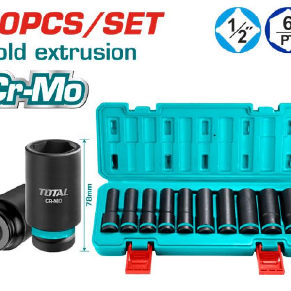 TOTAL THKISD12102L 10PCS 1/2" deep impact socket set طقم بوكس اسود طويل 10 قطع