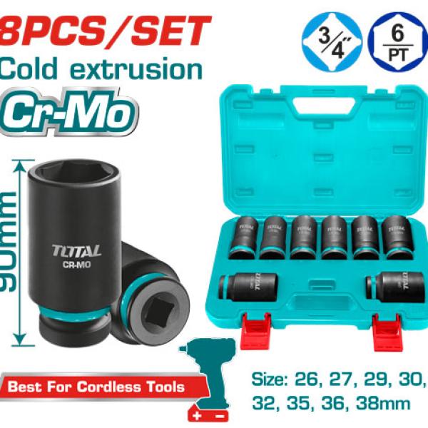 Total THKISD34082L طقم بوكس اسود طويل 3/4 انش 8 قطع 26-38 ملم