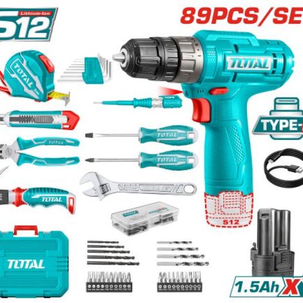 Total THKTHP10892 طقم درل 12 فولت مع عدة 89 قطعة اكسسوارات