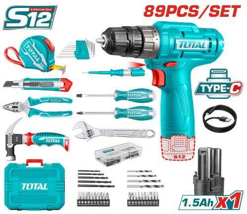 Total THKTHP10892 طقم درل 12 فولت مع عدة 89 قطعة اكسسوارات