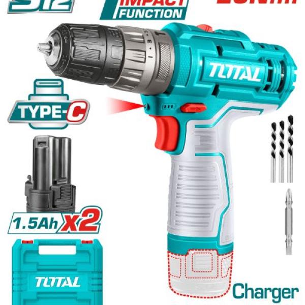 Total TIDLI12202 درل شحن 12 فولت مع 2 بطارية بدون سلك شاحن