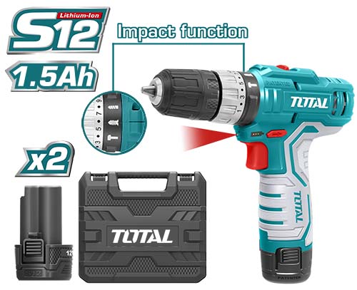 TOTAL TIDLI1232 Lithium-Ion impact drill 12V درل شحن مع شاكوش 2 بطارية 10 ملم مع شنطة بلاستيك