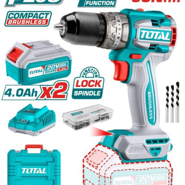 Total TIDLI206026 درل شحن 20 فولت 60 نيوتن مع 2 بطارية 4 أمبير جوزة 13 ملم حديد