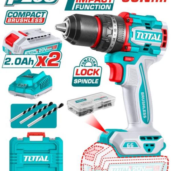 Total TIDLI20668 درل شحن 20 فولت 66 نيوتن مع 2 بطارية 2 أمبير جوزة حديد 13 ملم