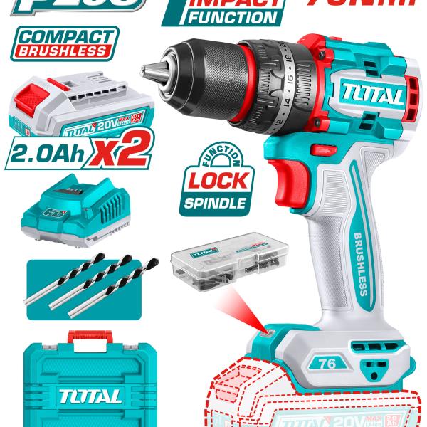 Total TIDLI20768 درل شحن 20 فولت 76 نيوتن مع 2 بطارية 2 أمبير وشاحن