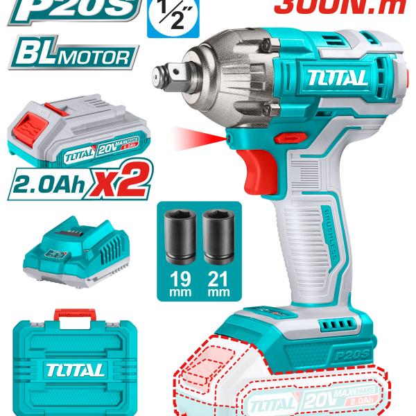Total TIWLI2038 درل بوكس شحن 1/2 انش 20 فولت 300 نيوتن مع 2 بطارية وشاحن