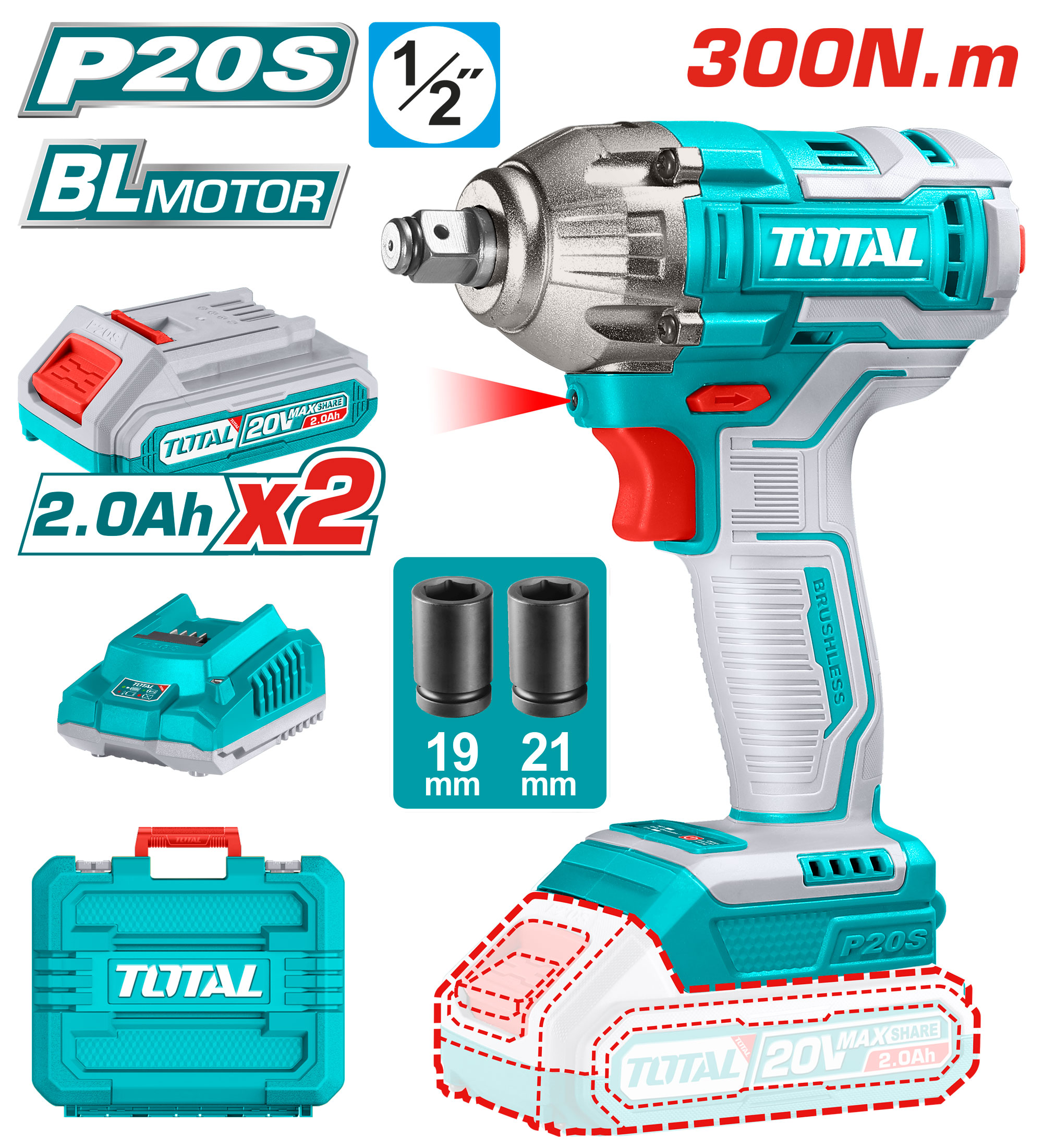 Total TIWLI2038 درل بوكس شحن 1/2 انش 20 فولت 300 نيوتن مع 2 بطارية وشاحن