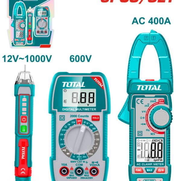Total TOS23068 طقم فحص 3 قطع كلامب + ملتي ميتر + فاحص فولتية