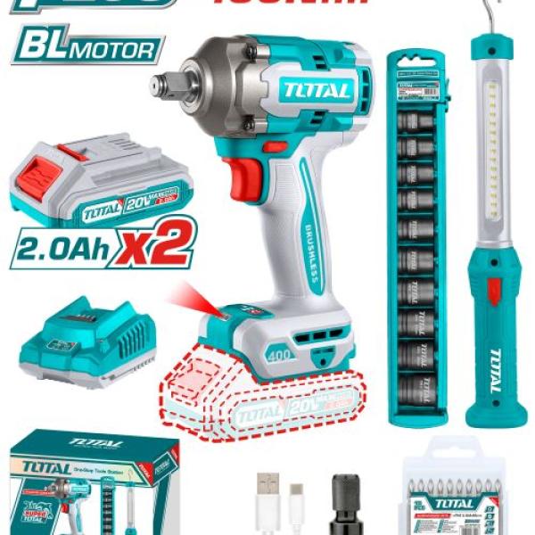 Total TOSLI23048 عرض خاص درل بوكسات شحن 20 فولت 400 نيوتن مع بطارية 2 أمبير + هدية طقم بوكسات + لوكس شحن