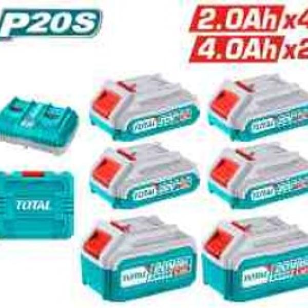 Total TOSLI230701 طقم بطاريات 20 فولت 2 أمبيرعدد 4 + بطارية 4 أمبير عدد 2 + شاحن مزدوج + شنطه بلاستيك 